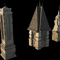Three Distinct Ancient Architectural Towers With Stone Brick Spires And Windows
