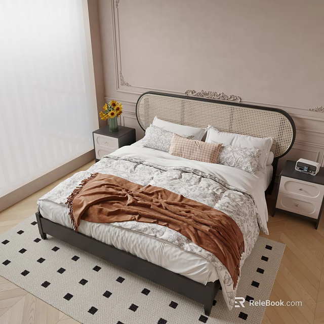 Double Bed With Rattan Headboard Brown Blanket Sunflowers Alarm Clock And Nightstand Room Decor 3d model 