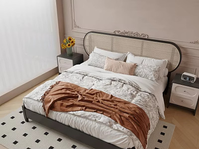Double Bed With Rattan Headboard Brown Blanket Sunflowers Alarm Clock And Nightstand Room Decor 3d model