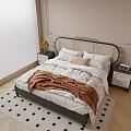 Double Bed With Rattan Headboard Brown Blanket Sunflowers Alarm Clock And Nightstand Room Decor