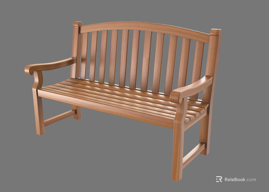 Wooden Outdoor Bench With Slatted Backrest And Armrests For Garden Use 3d model 