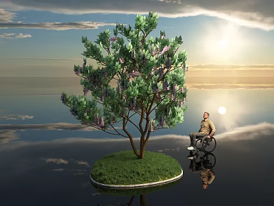 Tree With Purple Flowers On Small Island With Green Grass And Person In Wheelchair 3d model