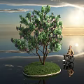 Tree With Purple Flowers On Small Island With Green Grass And Person In Wheelchair