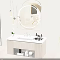 Modern Bathroom Vanity with Round Gold Framed Mirror Marble Countertop and Pendant Lights