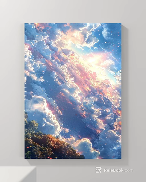 Scenic Landscape Painting With Vibrant Sky Clouds And Sunlight Breaking Through Lush Trees Below 3d model 