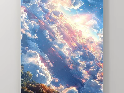 Scenic Landscape Painting With Vibrant Sky Clouds And Sunlight Breaking Through Lush Trees Below 3d model