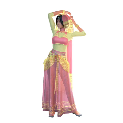 Woman In Traditional Costume With Pink Top Green Accents Yellow Trim Headscarf And Long Skirt 3d model