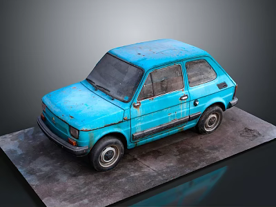 Old Blue Small Car With Worn Rusty Exterior On Gray Platform 3d model