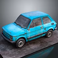 Old Blue Small Car With Worn Rusty Exterior On Gray Platform 3d model
