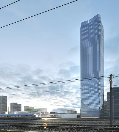 Modern Tall Office Building With Glass Curtain Wall In Urban City Skyline 3d model