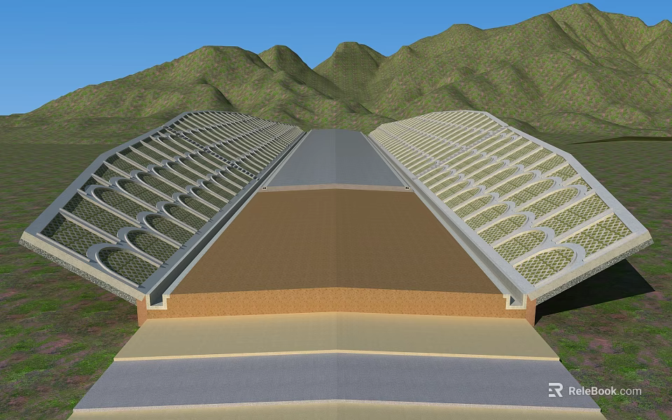 Large Symmetrical Architectural Structure With Pathway And Mountain Background Under Blue Sky 3d model