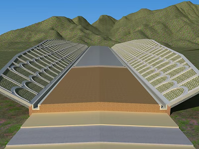 Large Symmetrical Architectural Structure With Pathway And Mountain Background Under Blue Sky 3d model