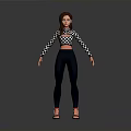 3D Female Character Model Standing Pose With Checkered Crop Top Dark Pants And Sandals