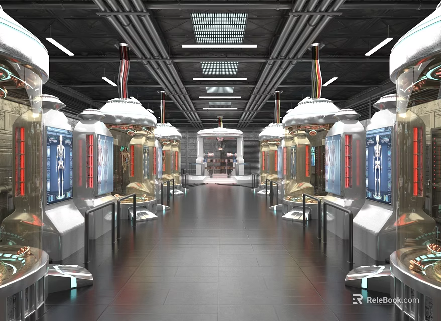 Modern High Tech Laboratory Interior With Metallic Equipment Display Screens And Long Corridor 3d model 