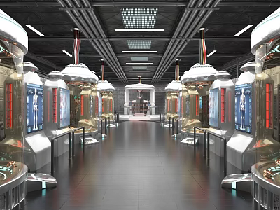Modern High Tech Laboratory Interior With Metallic Equipment Display Screens And Long Corridor 3d model