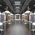 Modern High Tech Laboratory Interior With Metallic Equipment Display Screens And Long Corridor