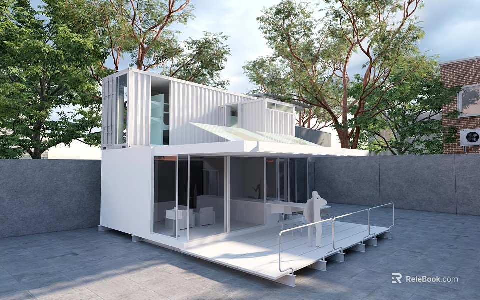 Modern White Container Style Post Station with Open Design Terrace and Trees 3d model 
