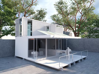 Modern White Container Style Post Station with Open Design Terrace and Trees 3d model
