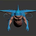 Blue 3D Model of Winged Aquatic Creature Streamlined Body Textured Surface and Dark Background Reflection