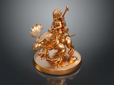 Golden Statue Of Warrior Riding Mythical Creature With Spear And Base 3d model