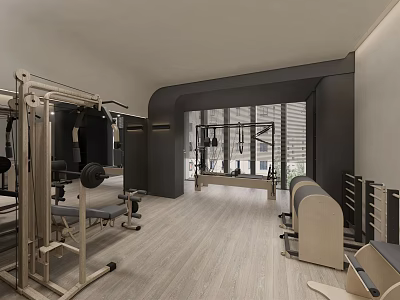 Modern Fitness Gym Interior With Barbells Weight Racks And Wooden Flooring 3d model