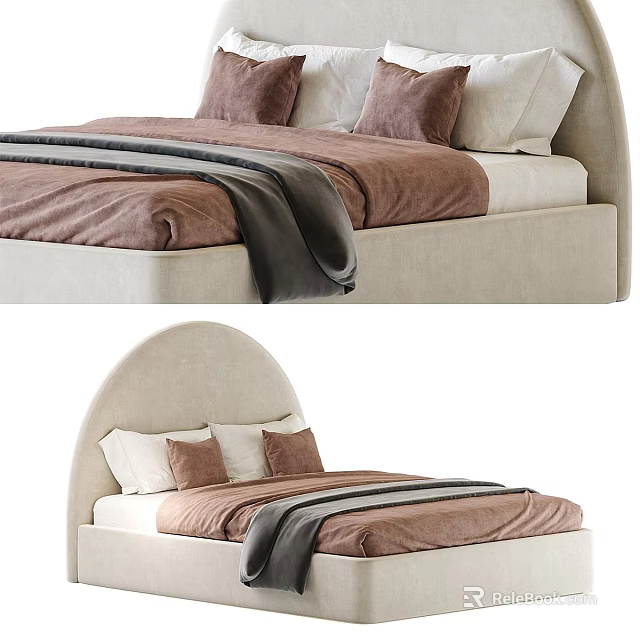 Modern Upholstered Kids Bed With Arched Headboard And Brown Beige Bedding Pillows Blanket 3d model 