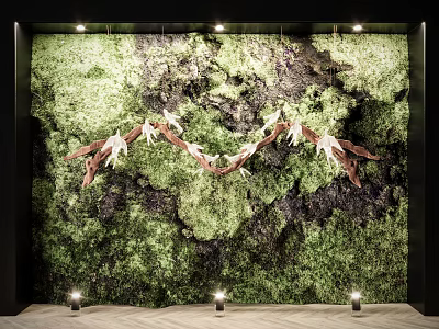 Natural Living Plant Wall With Moss Covered Surface And Decorative Branches 3d model