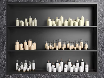 Various Candle Lamps Arranged On Black Layered Shelves For Home Interior Decor 3d model