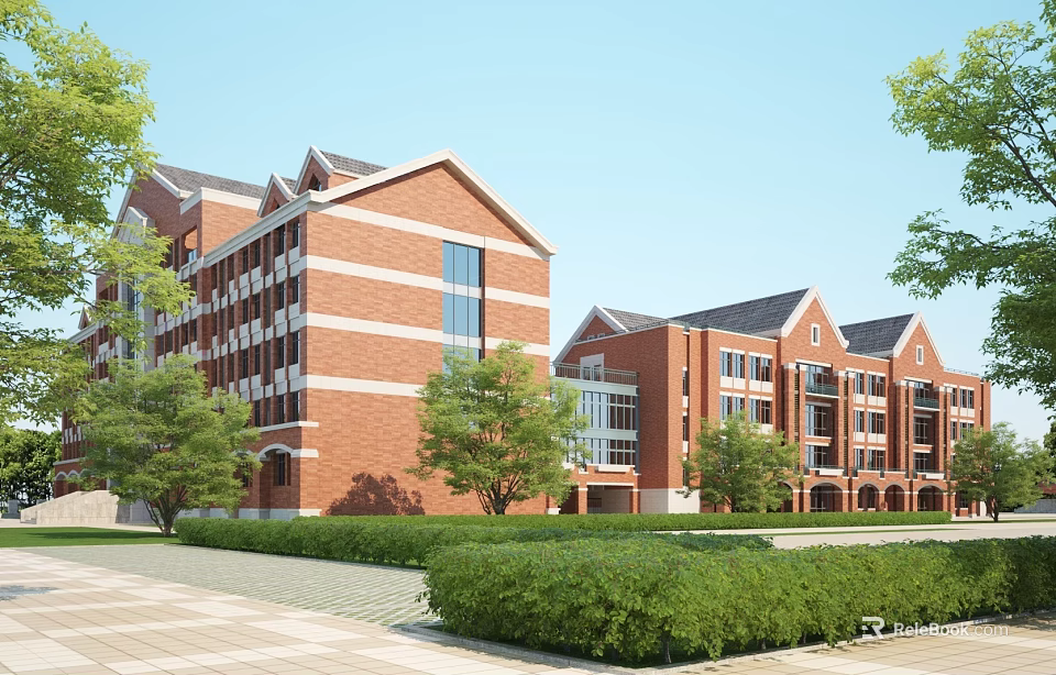 Red Brick Campus Buildings With Green Trees Lawns Pathways And Exterior View 3d model 