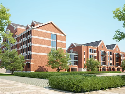 Red Brick Campus Buildings With Green Trees Lawns Pathways And Exterior View 3d model