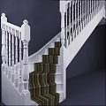 White Staircase With Striped Carpet And White Balusters On Dark Walls