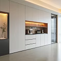 Modern Minimalist Sideboard With White Cabinets LED Lighting Display Niche Coffee Machine And Wine Bottles