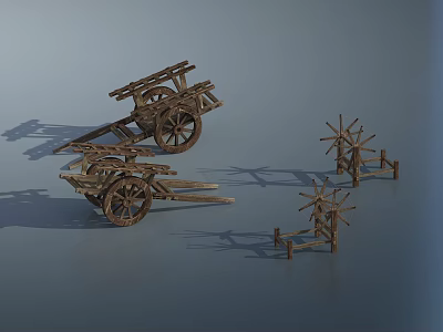 Handmade Wooden Carts And Windmill Models Display On Blue Background 3d model