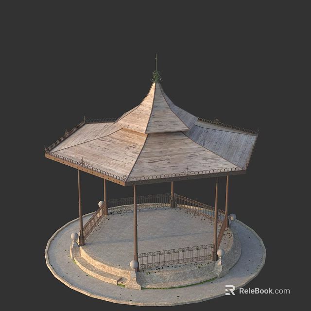 Wooden Gazebo With Pagoda Style Roof Circular Base And Metal Railings 3d model 