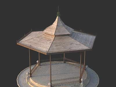 Wooden Gazebo With Pagoda Style Roof Circular Base And Metal Railings 3d model