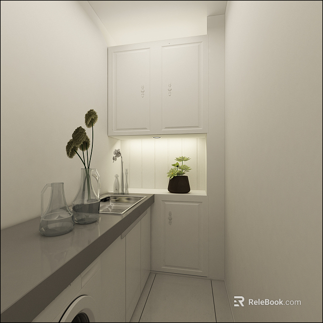 Bright White Kitchen Interior with Cabinets Sink Countertop and Flower Vase Decor 3d model 