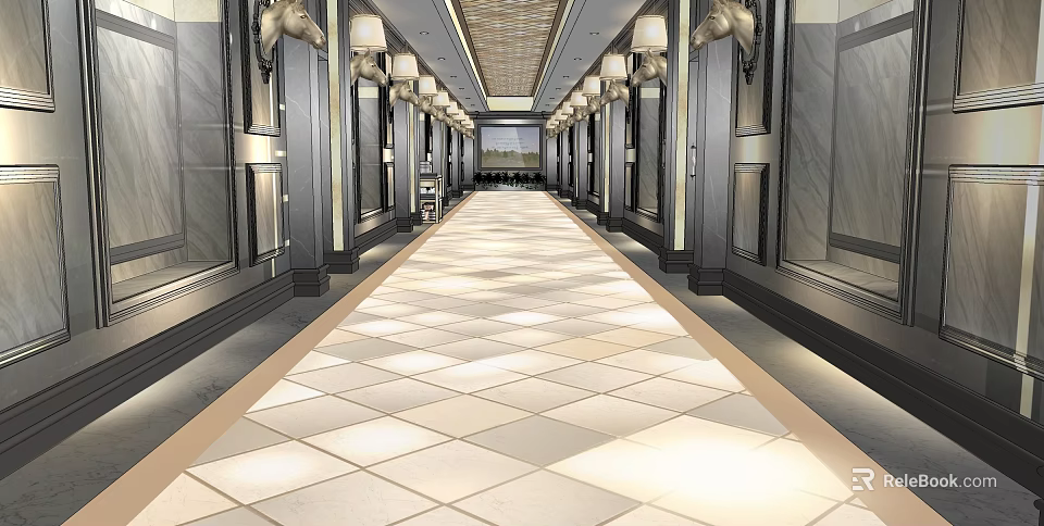 KTV Corridor Design With Elegant Lighting Marble Floor Columns And Ceiling Decor 3d model