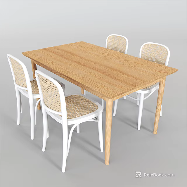 Rectangular Wooden Dining Table Set with Rattan Seats and White Frame Chairs 3d model