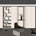 Modern Study Room Interior With Wooden Desk Laptop Potted Plant And Lit Bookshelf