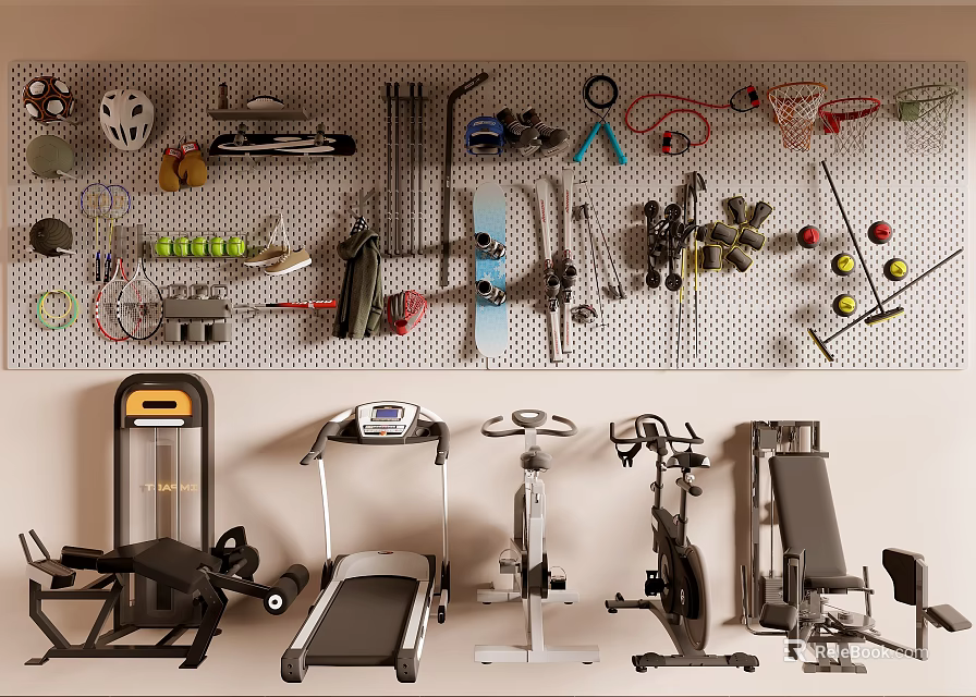 Sports Equipment Display With Wall Mounted Gear And Various Fitness Machines For Home Gym 3d model 