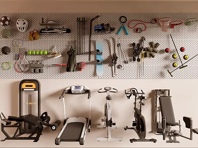 Sports Equipment Display With Wall Mounted Gear And Various Fitness Machines For Home Gym 3d model