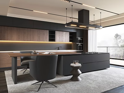 Modern Kitchen Interior Design With Black Cabinets Wooden Island Hanging Lights And Balcony View 3d model