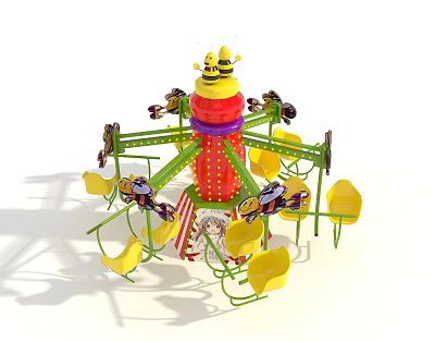 Colorful Rotating Amusement Ride With Yellow Seats And Cartoon Top For Children 3d model