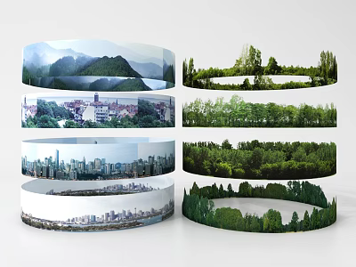 Circular Components Displaying Layered Mountain City Forest And Scenic Views 3d model