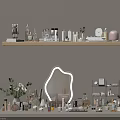 Stylish Perfume And Cosmetics Display With Shelf Mirror And Various Decorative Bottles