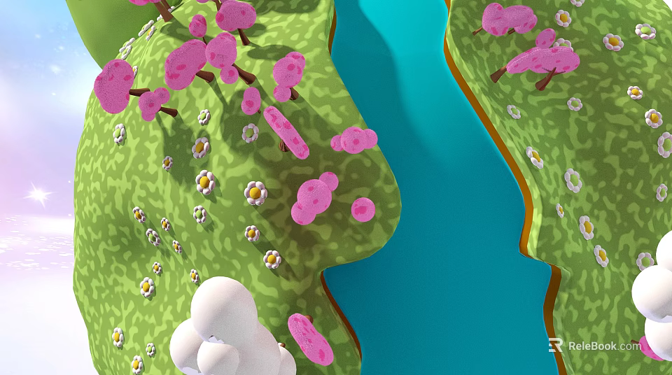 Scenic Green Grassland With Pink Flowers Blue River And White Fluffy Object 3d model 