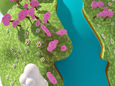 Scenic Green Grassland With Pink Flowers Blue River And White Fluffy Object 3d model