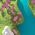 Scenic Green Grassland With Pink Flowers Blue River And White Fluffy Object