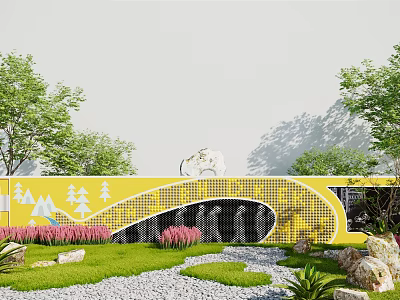 Yellow Scenic Wall With Circular Cutout White Mountain Tree Patterns Green Plants Lawn Stones 3d model