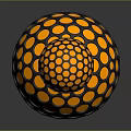 Three Spheres With Orange Dots Black Grid Larger Center Smaller Sides Gray Background And Reflection 3d model